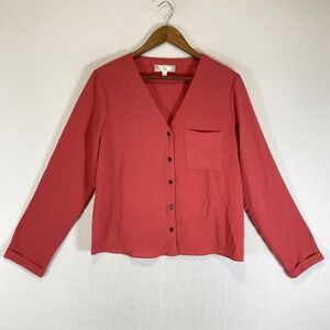 Minimalist Pink Rose Vintage Women Large Coral Pink Button Front‎ V-Neck Blouse